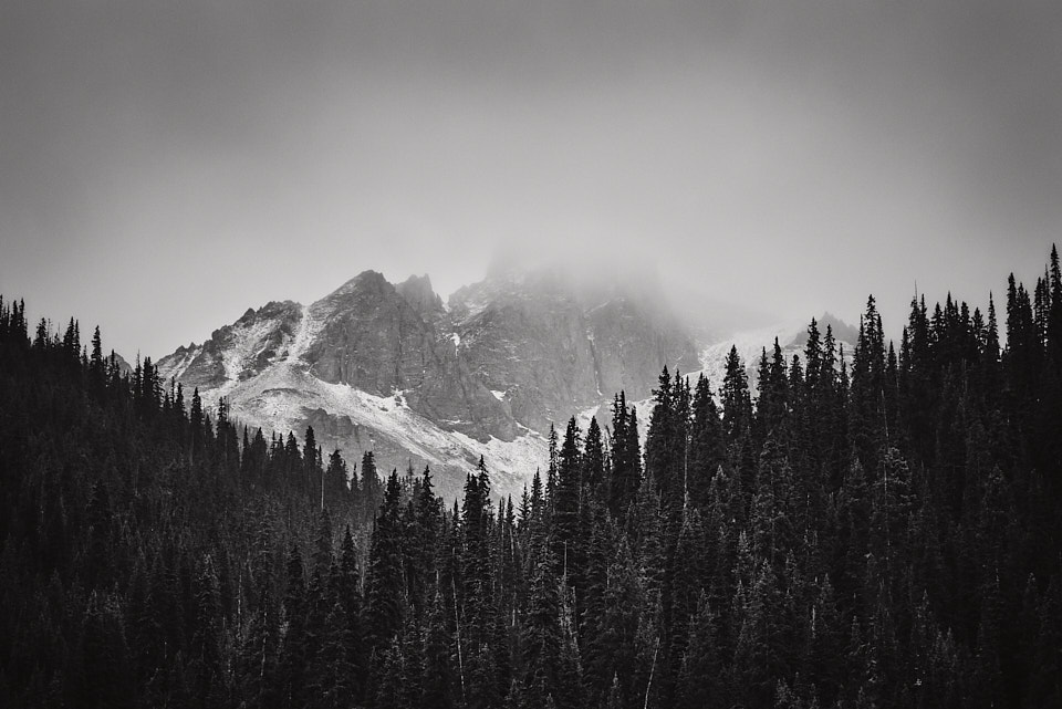 Jagged, rocky peaks outside Silverton fade into the storm clouds bringing early autumn snow to the San Juans.